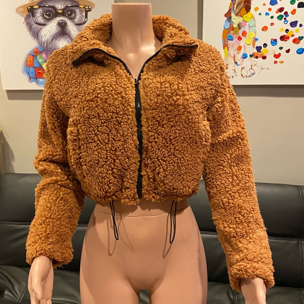 Rust Sherpa cropped zip up sweatshirt jacket